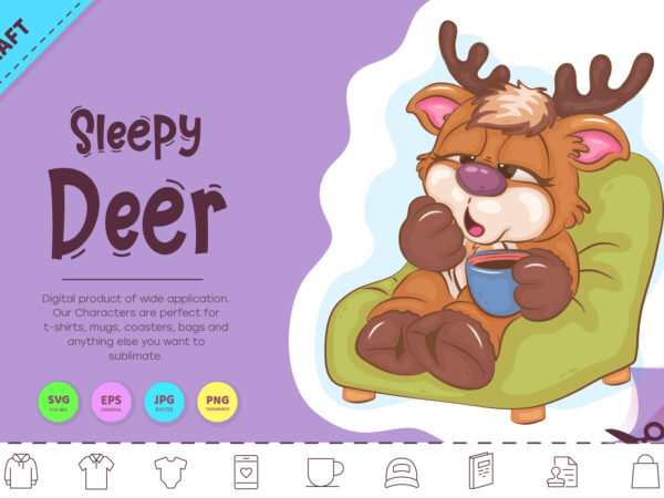 Cartoon sleepy deer. clipart t shirt vector file