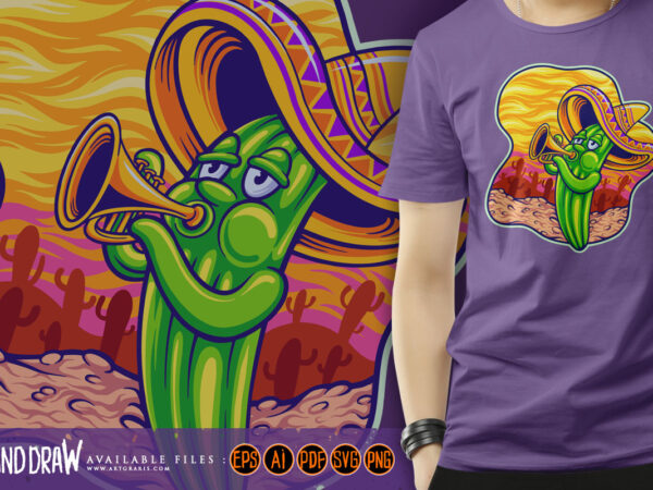 Cinco de mayo sombrero mexican cactus playing trumpet cartoon illustration t shirt vector file