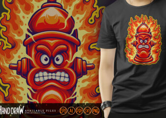 Classic creepy flaming fire hydrant logo cartoon Illustrations