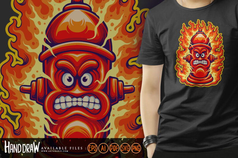 Classic creepy flaming fire hydrant logo cartoon Illustrations