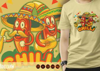 Cute chilli peppers cinco de mayo playing music illustrations