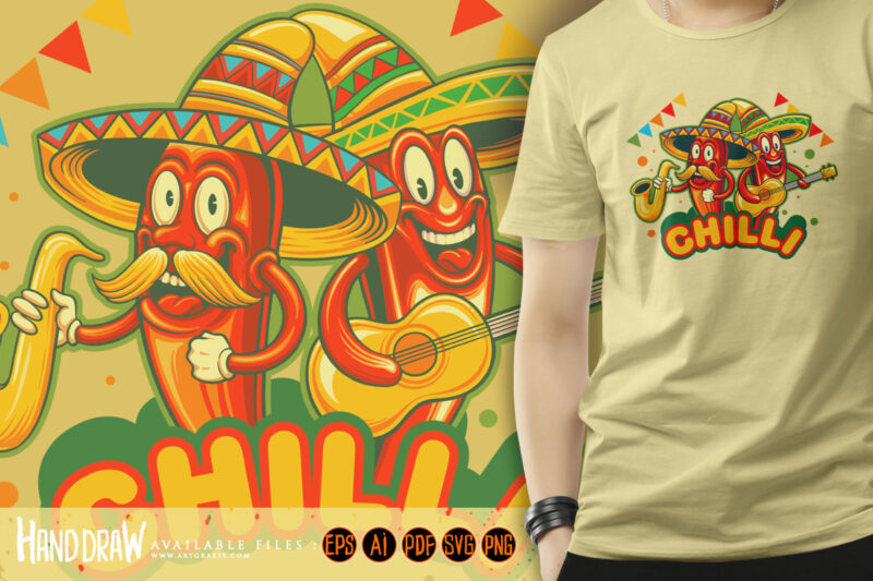 Cute chilli peppers cinco de mayo playing music illustrations