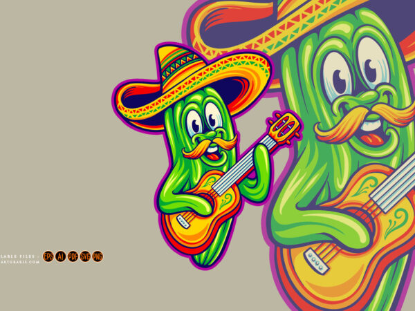 Cute mexican cinco de mayo cactus playing guitar music illustration t shirt vector file