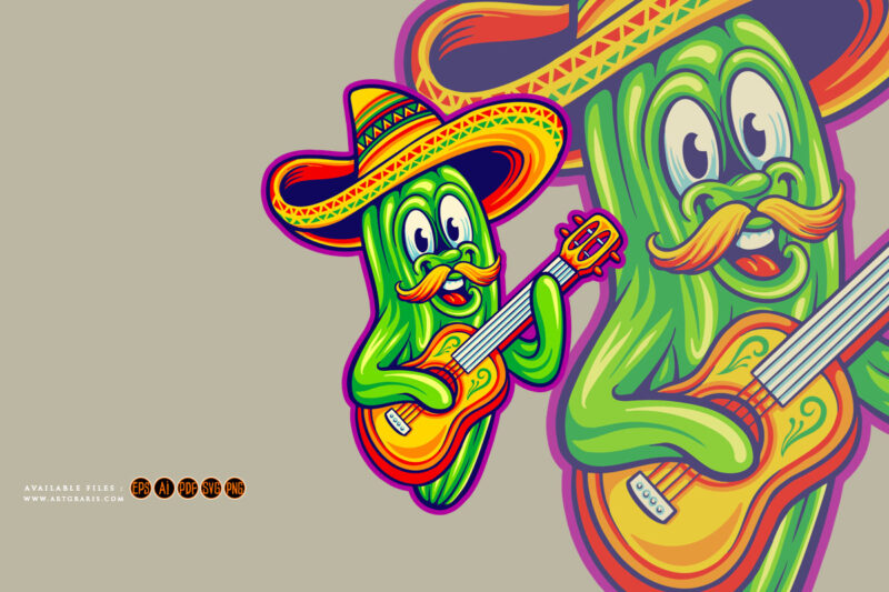 Cute mexican cinco de mayo cactus playing guitar music illustration