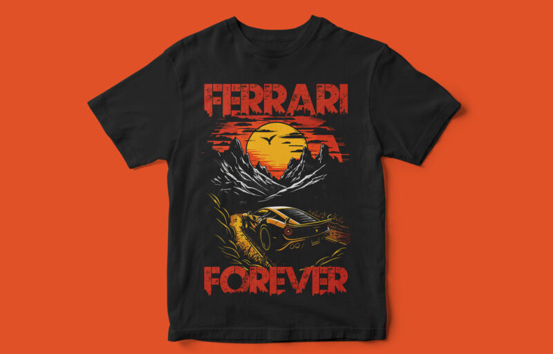 Ferrari Forever, Beautiful sun and mountain scene, Ferrari illustration, Ferrari t-shirt design, drive with style, Ferrari vector, Ferrari artwork