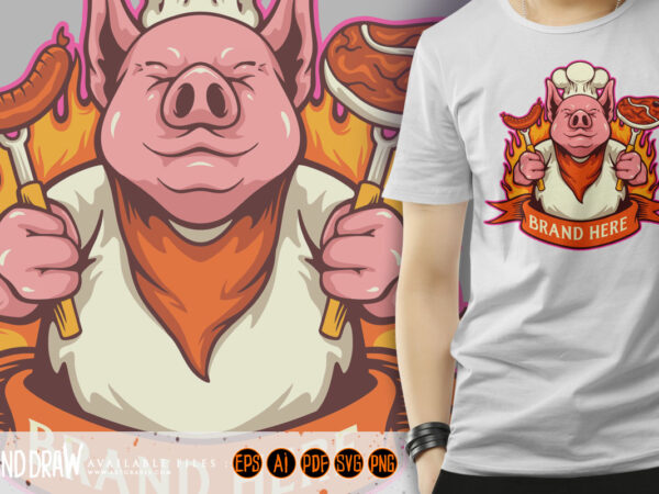 Funny chef pig delicious meat bbq logo cartoon illustrations t shirt graphic design