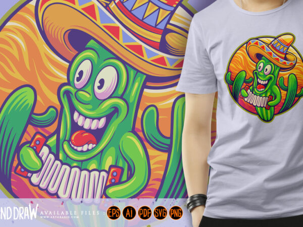 Funny mexican cinco de mayo cactus playing music illustration t shirt graphic design