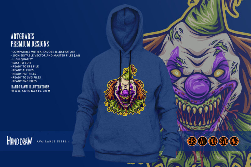 Horror circus clown head cartoon logo illustration