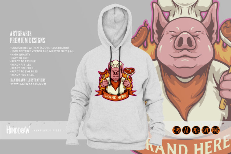 Funny chef pig delicious meat bbq logo cartoon illustrations