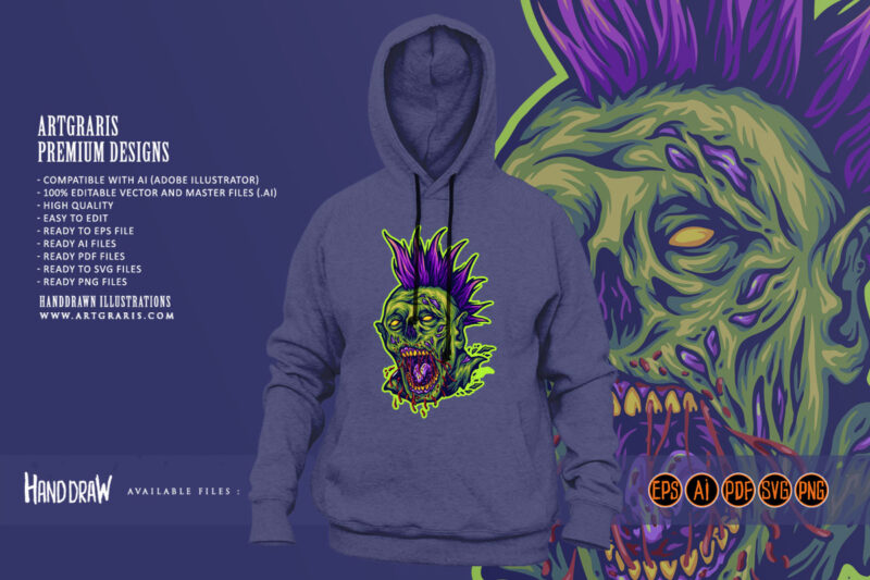 Terror monster zombie head punk style illustration