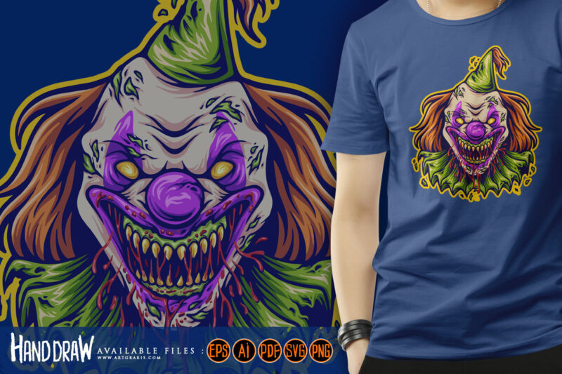 Horror circus clown head cartoon logo illustration