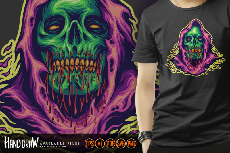 Monster skull head grim reaper cartoon logo illustrations