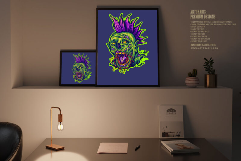 Terror monster zombie head punk style illustration