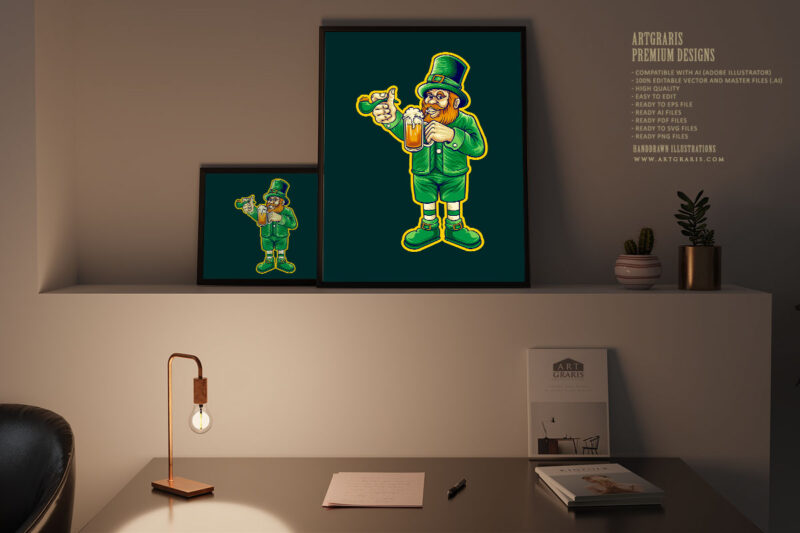 St patrick’s beer day leprechaun cartoon logo illustrations