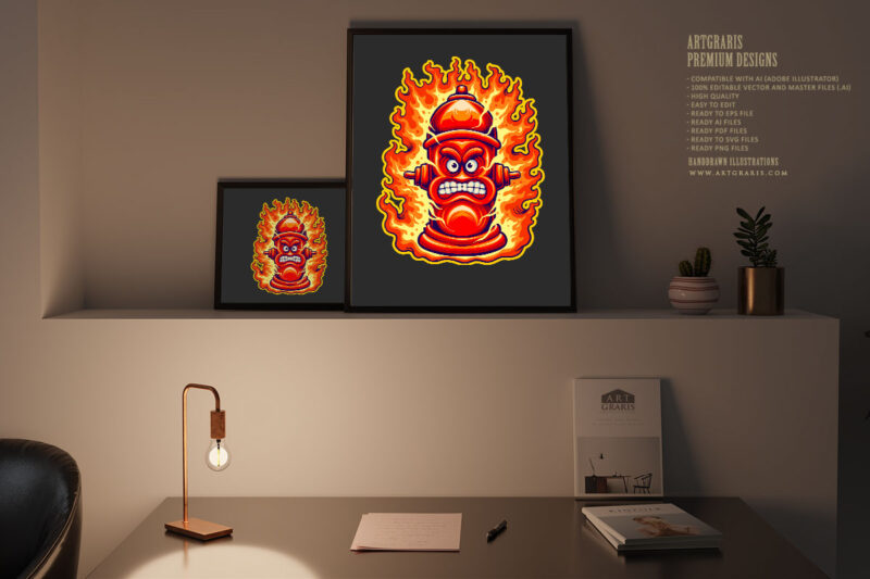 Classic creepy flaming fire hydrant logo cartoon Illustrations