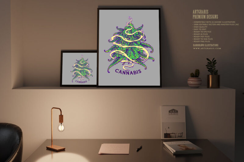 Weed leaf plant smoke effect swirls logo cartoon illustration