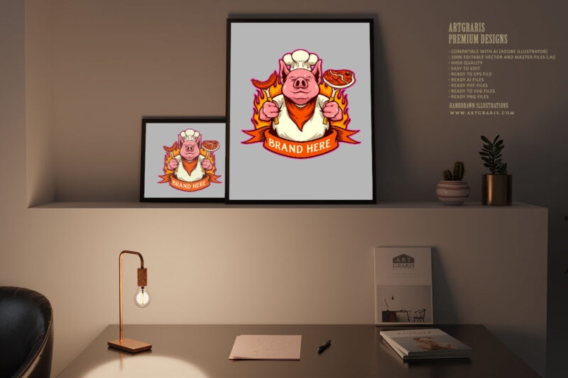 Funny chef pig delicious meat bbq logo cartoon illustrations