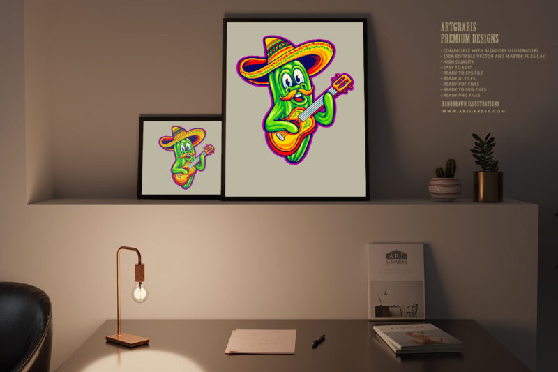 Cute mexican cinco de mayo cactus playing guitar music illustration