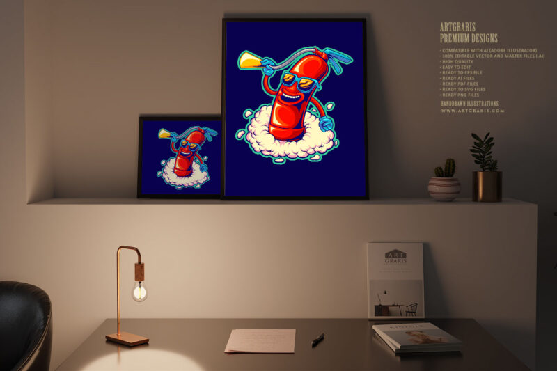 Fire extinguisher flaming with smoke effect illustrations