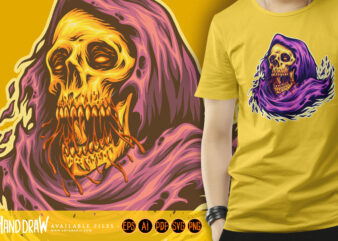 Scary monster skull head grim reaper cartoon mascot illustrations t shirt template vector
