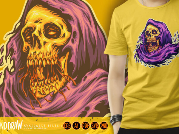 Scary monster skull head grim reaper cartoon mascot illustrations t shirt template vector