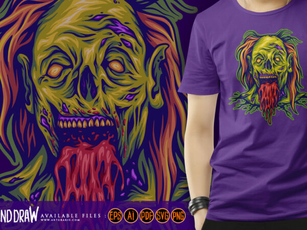 Spooky evil zombie clown head cartoon illustrations t shirt template vector