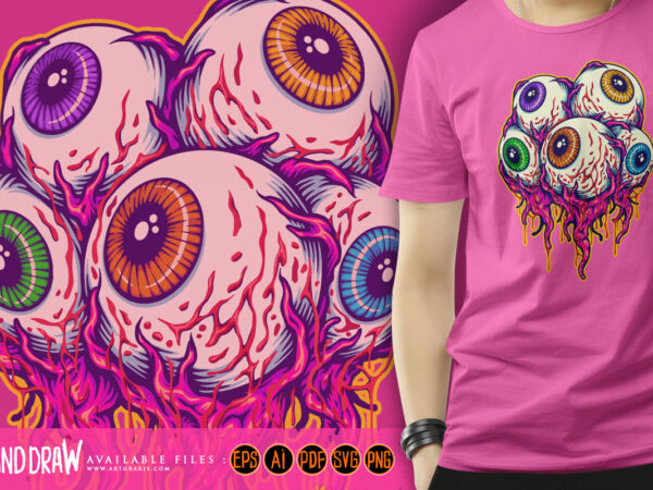 Spooky monster zombie eyeballs logo cartoon illustrations t shirt template vector