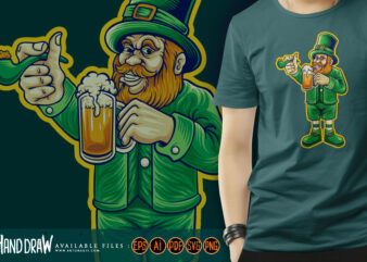 St patrick’s beer day leprechaun cartoon logo illustrations t shirt template vector