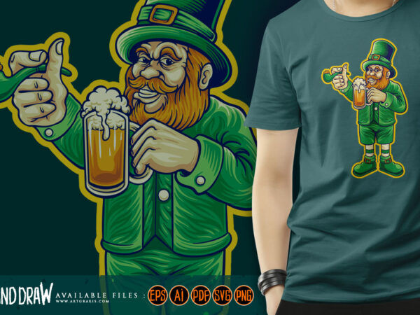 St patrick’s beer day leprechaun cartoon logo illustrations t shirt template vector
