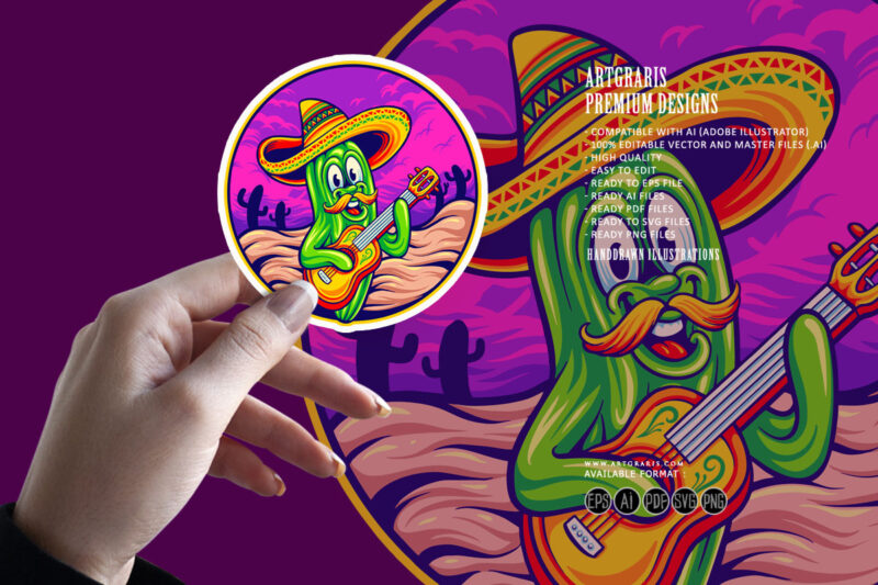 Mexican cactus cinco de mayo sombrero guitar illustrations