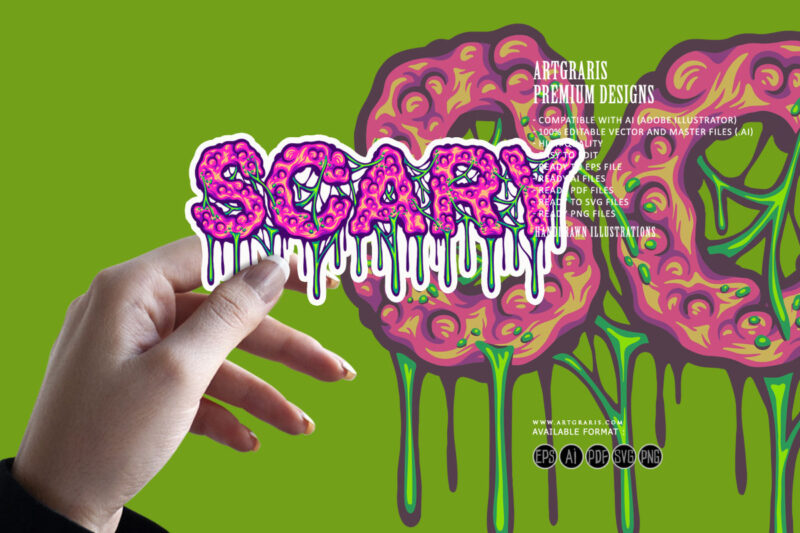 Spooky melting words scary lettering text illustration
