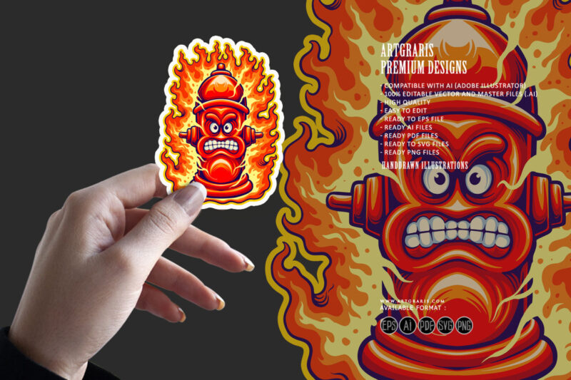 Classic creepy flaming fire hydrant logo cartoon Illustrations