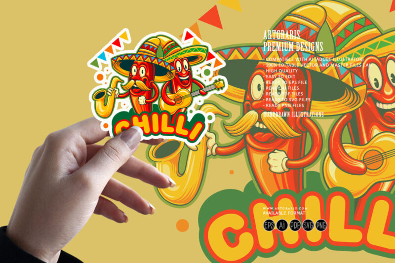 Cute chilli peppers cinco de mayo playing music illustrations