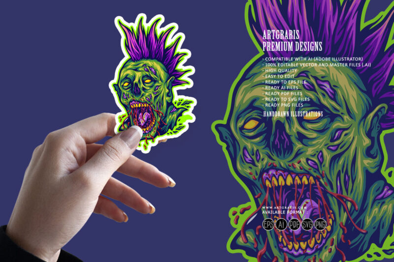 Terror monster zombie head punk style illustration