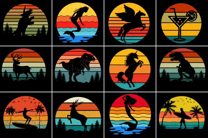 Sunset T-Shirt Design Graphic Bundle,Retro Vintage Sunset Background.Retro Sunset Background,Vintage Retro Background,Vintage Sunset Background,Retro Colorful Background,Vintage Colorful Background,T Shirt Vector Elements,Vintage Circle Sunset,retro Circle Sunset,Sunset Graphic Design,Half Circle Vintage,Retro Striped