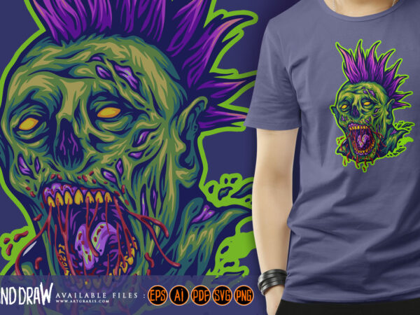 Terror monster zombie head punk style illustration t shirt designs for sale