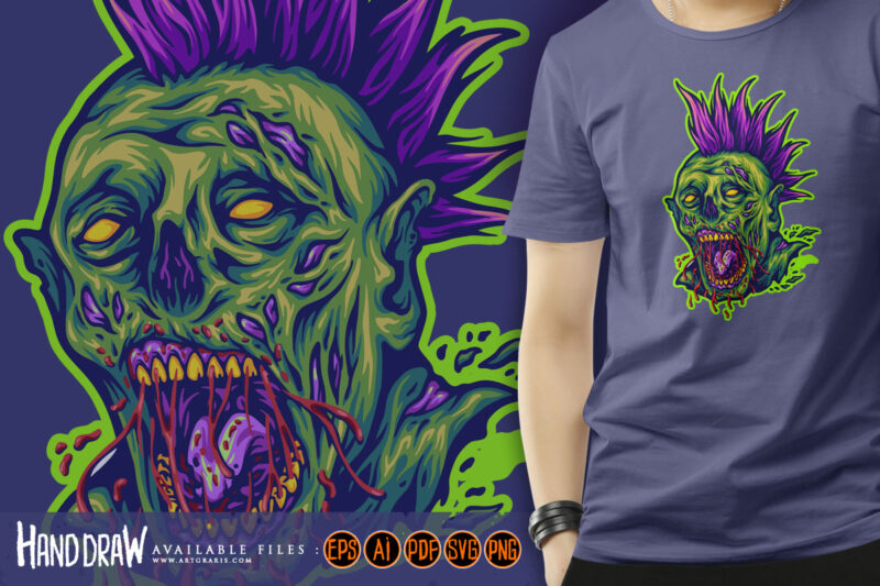 Terror monster zombie head punk style illustration