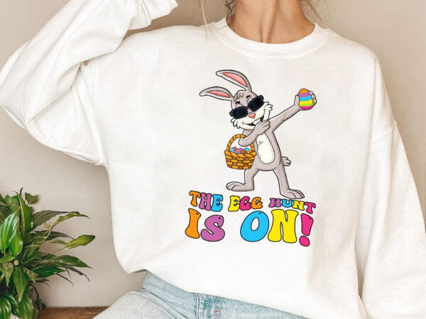 The egg hunt is on bunny cute easter dabbing bunny funny kids nl 1802 t shirt designs for sale
