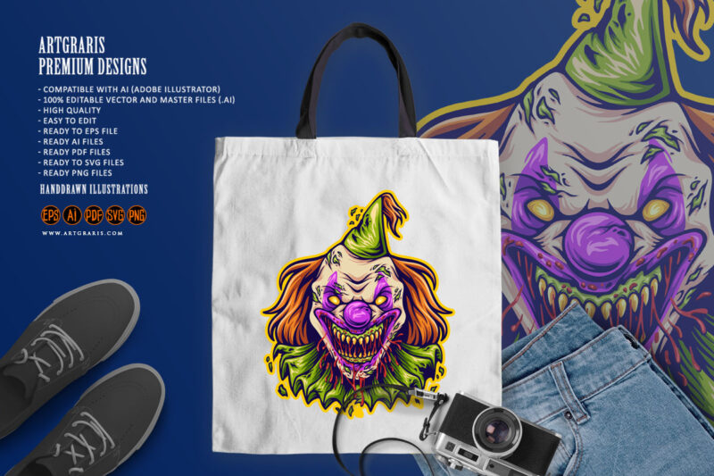 Horror circus clown head cartoon logo illustration
