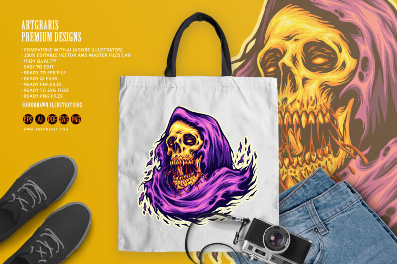 Scary monster skull head grim reaper cartoon mascot illustrations