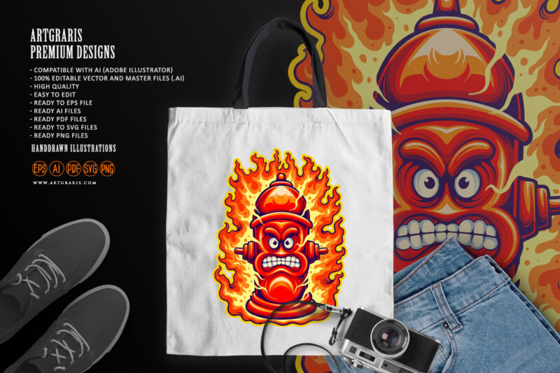 Classic creepy flaming fire hydrant logo cartoon Illustrations