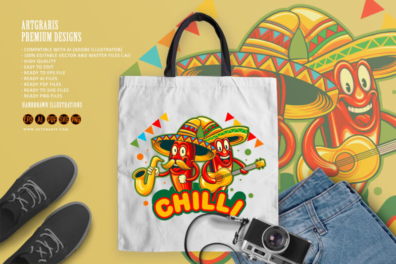 Cute chilli peppers cinco de mayo playing music illustrations