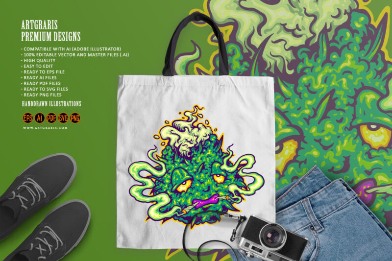 Monster weed leaf plant with cannabis smoke logo cartoon Illustrations