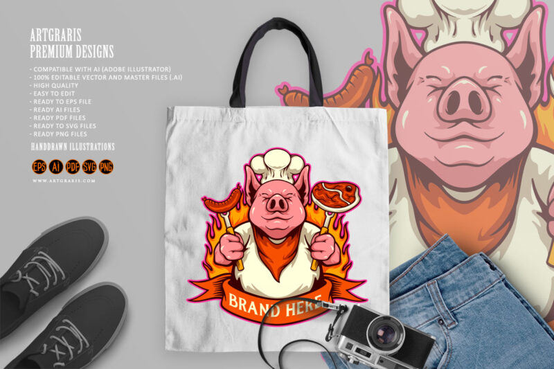 Funny chef pig delicious meat bbq logo cartoon illustrations