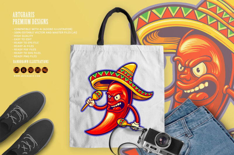 Chilli pepper mexican maracas cinco de mayo logo illustrations