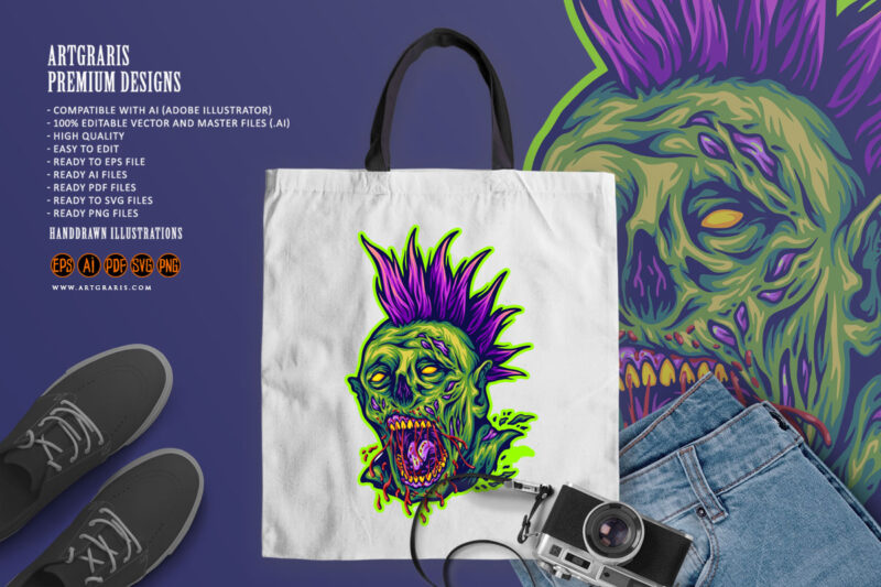 Terror monster zombie head punk style illustration