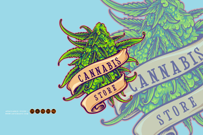 Weed plant store logo with vintage ribbon swirl illustrations