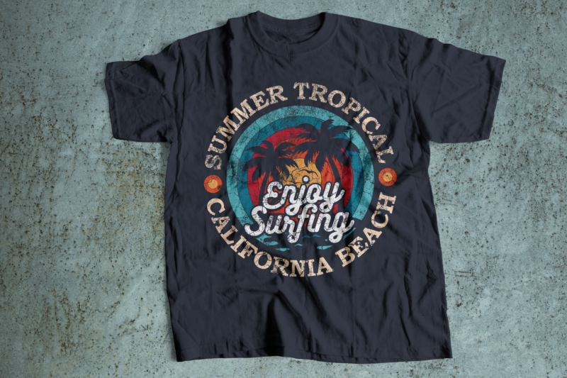 enjoy surfing retro and vintage t-shirt design | summer tropical California beach t-shirt design