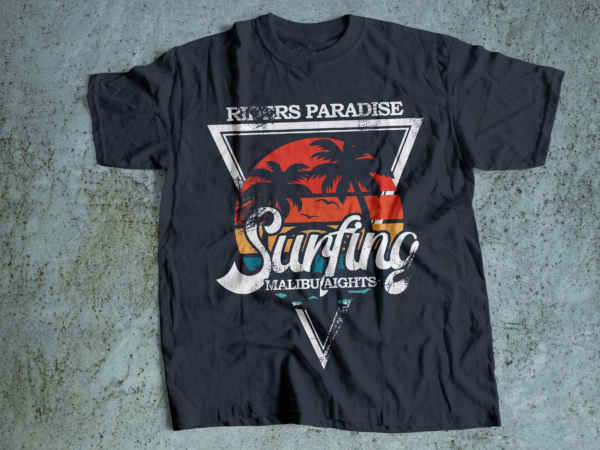 Riders paradise surfing retro and vintage t-shirt design |malibu aight summer tropical california beach t-shirt design