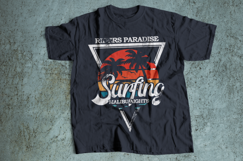 riders paradise surfing retro and vintage t-shirt design |malibu aight summer tropical California beach t-shirt design